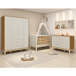 Dormitório Infantil Elfe Classic Guarda Roupa, Cômoda 1 Porta e Berço Noah Areia/Savana com Pés Madeira Natural - Reller Móveis  Dormitório Infantil Elfe Classic Guarda Roupa, Cômoda 1 Porta e Berço Noah Areia/Savana com Pés Madeira Natural - Reller Móveis