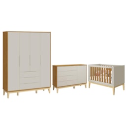 Dormitório Infantil Elfe Classic Guarda Roupa, Cômoda 1 Porta e Berço Noah Areia/Savana com Pés Madeira Natural - Reller Móveis  Dormitório Infantil Elfe Classic Guarda Roupa, Cômoda 1 Porta e Berço Noah Areia/Savana com Pés Madeira Natural - Reller Móveis