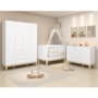 Dormitório Infantil Elfe Classic Guarda Roupa, Cômoda 1 Porta e Berço Noah Branco com Pés Madeira Natural - Reller Móveis