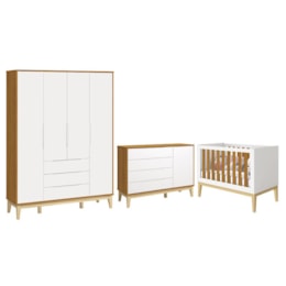Dormitório Infantil Elfe Classic Guarda Roupa, Cômoda 1 Porta e Berço Noah Branco/Savana com Pés Madeira Natural - Reller Móveis  Dormitório Infantil Elfe Classic Guarda Roupa, Cômoda 1 Porta e Berço Noah Branco/Savana com Pés Madeira Natural - Reller Móveis
