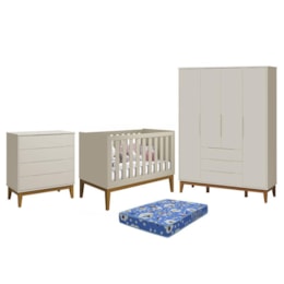 Dormitório Infantil Elfe Classic Guarda Roupa, Cômoda, Berço Noah Areia com Pés Amadeirado com Colchão - Reller Móveis  Dormitório Infantil Elfe Classic Guarda Roupa, Cômoda, Berço Noah Areia com Pés Amadeirado com Colchão - Reller Móveis
