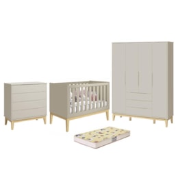 Dormitório Infantil Elfe Classic Guarda Roupa, Cômoda, Berço Noah Areia com Pés Madeira Natural com Colchão D18 - Reller Móveis  Dormitório Infantil Elfe Classic Guarda Roupa, Cômoda, Berço Noah Areia com Pés Madeira Natural com Colchão D18 - Reller Móveis