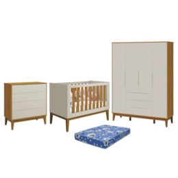 Dormitório Infantil Elfe Classic Guarda Roupa, Cômoda, Berço Noah Areia/Savana com Pés Amadeirado com Colchão - Reller Móveis  Dormitório Infantil Elfe Classic Guarda Roupa, Cômoda, Berço Noah Areia/Savana com Pés Amadeirado com Colchão - Reller Móveis