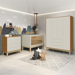 Dormitório Infantil Elfe Classic Guarda Roupa, Cômoda, Berço Noah Areia/Savana com Pés Madeira Natural com Colchão D18 - Reller Móveis  Dormitório Infantil Elfe Classic Guarda Roupa, Cômoda, Berço Noah Areia/Savana com Pés Madeira Natural com Colchão D18 - Reller Móveis