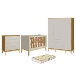 Dormitório Infantil Elfe Classic Guarda Roupa, Cômoda, Berço Noah Areia/Savana com Pés Madeira Natural com Colchão D18 - Reller Móveis  Dormitório Infantil Elfe Classic Guarda Roupa, Cômoda, Berço Noah Areia/Savana com Pés Madeira Natural com Colchão D18 - Reller Móveis