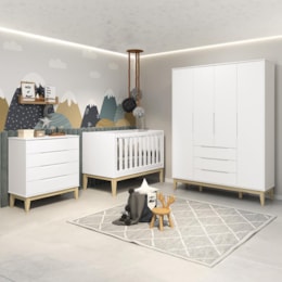 Dormitório Infantil Elfe Classic Guarda Roupa, Cômoda, Berço Noah Branco com Pés Madeira Natural com Colchão D18 - Reller Móveis  Dormitório Infantil Elfe Classic Guarda Roupa, Cômoda, Berço Noah Branco com Pés Madeira Natural com Colchão D18 - Reller Móveis