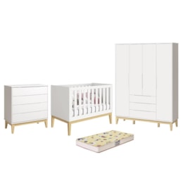 Dormitório Infantil Elfe Classic Guarda Roupa, Cômoda, Berço Noah Branco com Pés Madeira Natural com Colchão D18 - Reller Móveis  Dormitório Infantil Elfe Classic Guarda Roupa, Cômoda, Berço Noah Branco com Pés Madeira Natural com Colchão D18 - Reller Móveis