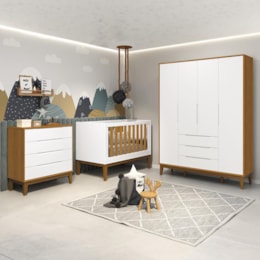 Dormitório Infantil Elfe Classic Guarda Roupa, Cômoda, Berço Noah Branco/Savana com Pés Amadeirado com Colchão - Reller Móveis  Dormitório Infantil Elfe Classic Guarda Roupa, Cômoda, Berço Noah Branco/Savana com Pés Amadeirado com Colchão - Reller Móveis