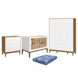 Dormitório Infantil Elfe Classic Guarda Roupa, Cômoda, Berço Noah Branco/Savana com Pés Amadeirado com Colchão - Reller Móveis  Dormitório Infantil Elfe Classic Guarda Roupa, Cômoda, Berço Noah Branco/Savana com Pés Amadeirado com Colchão - Reller Móveis