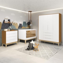 Dormitório Infantil Elfe Classic Guarda Roupa, Cômoda, Berço Noah Branco/Savana com Pés Madeira Natural com Colchão D18 - Reller Móveis  Dormitório Infantil Elfe Classic Guarda Roupa, Cômoda, Berço Noah Branco/Savana com Pés Madeira Natural com Colchão D18 - Reller Móveis