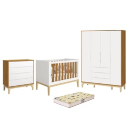Dormitório Infantil Elfe Classic Guarda Roupa, Cômoda, Berço Noah Branco/Savana com Pés Madeira Natural com Colchão D18 - Reller Móveis  Dormitório Infantil Elfe Classic Guarda Roupa, Cômoda, Berço Noah Branco/Savana com Pés Madeira Natural com Colchão D18 - Reller Móveis