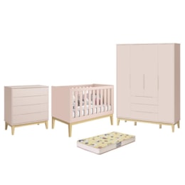 Dormitório Infantil Elfe Classic Guarda Roupa, Cômoda, Berço Noah Rosa com Pés Madeira Natural com Colchão D18 - Reller Móveis  Dormitório Infantil Elfe Classic Guarda Roupa, Cômoda, Berço Noah Rosa com Pés Madeira Natural com Colchão D18 - Reller Móveis