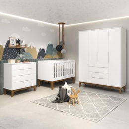 Dormitório Infantil Elfe Classic Guarda Roupa, Cômoda e Berço Noah Branco com Pés Amadeirado - Reller Móveis  Dormitório Infantil Elfe Classic Guarda Roupa, Cômoda e Berço Noah Branco com Pés Amadeirado - Reller Móveis