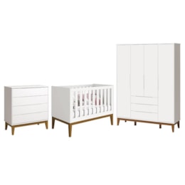 Dormitório Infantil Elfe Classic Guarda Roupa, Cômoda e Berço Noah Branco com Pés Amadeirado - Reller Móveis  Dormitório Infantil Elfe Classic Guarda Roupa, Cômoda e Berço Noah Branco com Pés Amadeirado - Reller Móveis