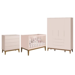 Dormitório Infantil Elfe Classic Guarda Roupa, Cômoda e Berço Noah Rosa com Pés Amadeirado - Reller Móveis  Dormitório Infantil Elfe Classic Guarda Roupa, Cômoda e Berço Noah Rosa com Pés Amadeirado - Reller Móveis
