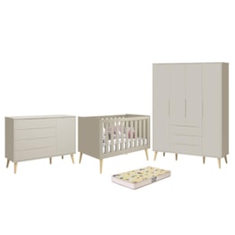 Dormitório Infantil Elfe Retrô Guarda Roupa, Cômoda 1 Porta, Berço Noah Areia com Pés Madeira Natural e Colchão D18 - Reller Móveis  Dormitório Infantil Elfe Retrô Guarda Roupa, Cômoda 1 Porta, Berço Noah Areia com Pés Madeira Natural e Colchão D18 - Reller Móveis