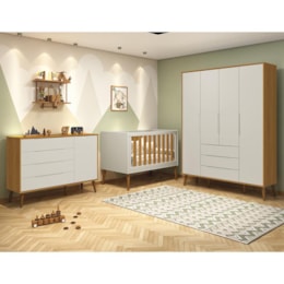 Dormitório Infantil Elfe Retrô Guarda Roupa, Cômoda 1 Porta, Berço Noah Areia/Savana com Pés Amadeirado e Colchão - Reller Móveis Dormitório Infantil Elfe Retrô Guarda Roupa, Cômoda 1 Porta, Berço Noah Areia/Savana com Pés Amadeirado e Colchão - Reller Móveis