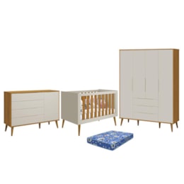 Dormitório Infantil Elfe Retrô Guarda Roupa, Cômoda 1 Porta, Berço Noah Areia/Savana com Pés Amadeirado e Colchão - Reller Móveis Dormitório Infantil Elfe Retrô Guarda Roupa, Cômoda 1 Porta, Berço Noah Areia/Savana com Pés Amadeirado e Colchão - Reller Móveis