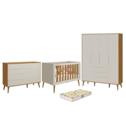 Dormitório Infantil Elfe Retrô Guarda Roupa, Cômoda 1 Porta, Berço Noah Areia/Savana com Pés Amadeirado e Colchão D18 - Reller Móveis  Dormitório Infantil Elfe Retrô Guarda Roupa, Cômoda 1 Porta, Berço Noah Areia/Savana com Pés Amadeirado e Colchão D18 - Reller Móveis