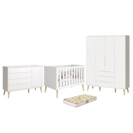 Dormitório Infantil Elfe Retrô Guarda Roupa, Cômoda 1 Porta, Berço Noah Branco com Pés Madeira Natural e Colchão D18 - Reller Móveis  Dormitório Infantil Elfe Retrô Guarda Roupa, Cômoda 1 Porta, Berço Noah Branco com Pés Madeira Natural e Colchão D18 - Reller Móveis