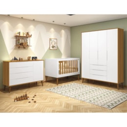 Dormitório Infantil Elfe Retrô Guarda Roupa, Cômoda 1 Porta, Berço Noah Branco/Savana com Pés Amadeirado e Colchão - Reller Móveis