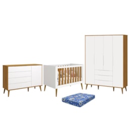 Dormitório Infantil Elfe Retrô Guarda Roupa, Cômoda 1 Porta, Berço Noah Branco/Savana com Pés Amadeirado e Colchão - Reller Móveis Dormitório Infantil Elfe Retrô Guarda Roupa, Cômoda 1 Porta, Berço Noah Branco/Savana com Pés Amadeirado e Colchão - Reller Móveis