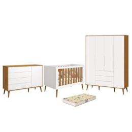 Dormitório Infantil Elfe Retrô Guarda Roupa, Cômoda 1 Porta, Berço Noah Branco/Savana com Pés Amadeirado e Colchão D18 - Reller Móveis  Dormitório Infantil Elfe Retrô Guarda Roupa, Cômoda 1 Porta, Berço Noah Branco/Savana com Pés Amadeirado e Colchão D18 - Reller Móveis