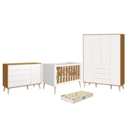 Dormitório Infantil Elfe Retrô Guarda Roupa, Cômoda 1 Porta, Berço Noah Branco/Savana com Pés Madeira Natural e Colchão D18 - Reller Móveis  Dormitório Infantil Elfe Retrô Guarda Roupa, Cômoda 1 Porta, Berço Noah Branco/Savana com Pés Madeira Natural e Colchão D18 - Reller Móveis