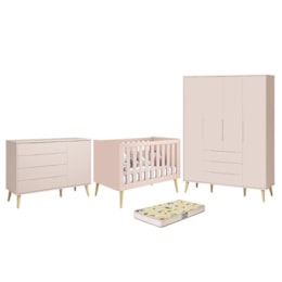 Dormitório Infantil Elfe Retrô Guarda Roupa, Cômoda 1 Porta, Berço Noah Rosa com Pés Madeira Natural e Colchão D18 - Reller Móveis  Dormitório Infantil Elfe Retrô Guarda Roupa, Cômoda 1 Porta, Berço Noah Rosa com Pés Madeira Natural e Colchão D18 - Reller Móveis