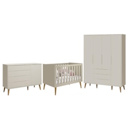 Dormitório Infantil Elfe Retrô Guarda Roupa, Cômoda 1 Porta e Berço Noah Areia com Pés Amadeirado - Reller Móveis  Dormitório Infantil Elfe Retrô Guarda Roupa, Cômoda 1 Porta e Berço Noah Areia com Pés Amadeirado - Reller Móveis