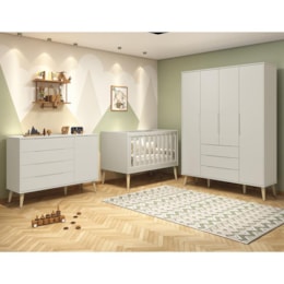 Dormitório Infantil Elfe Retrô Guarda Roupa, Cômoda 1 Porta e Berço Noah Areia Fosco com Pés Madeira Natural - Reller Móveis  Dormitório Infantil Elfe Retrô Guarda Roupa, Cômoda 1 Porta e Berço Noah Areia Fosco com Pés Madeira Natural - Reller Móveis