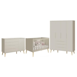 Dormitório Infantil Elfe Retrô Guarda Roupa, Cômoda 1 Porta e Berço Noah Areia Fosco com Pés Madeira Natural - Reller Móveis  Dormitório Infantil Elfe Retrô Guarda Roupa, Cômoda 1 Porta e Berço Noah Areia Fosco com Pés Madeira Natural - Reller Móveis