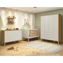 Dormitório Infantil Elfe Retrô Guarda Roupa, Cômoda 1 Porta e Berço Noah Areia/Savana com Pés Madeira Natural - Reller Móveis  Dormitório Infantil Elfe Retrô Guarda Roupa, Cômoda 1 Porta e Berço Noah Areia/Savana com Pés Madeira Natural - Reller Móveis