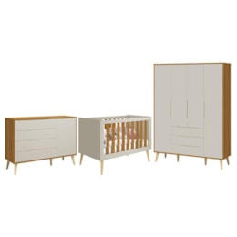 Dormitório Infantil Elfe Retrô Guarda Roupa, Cômoda 1 Porta e Berço Noah Areia/Savana com Pés Madeira Natural - Reller Móveis  Dormitório Infantil Elfe Retrô Guarda Roupa, Cômoda 1 Porta e Berço Noah Areia/Savana com Pés Madeira Natural - Reller Móveis