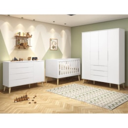 Dormitório Infantil Elfe Retrô Guarda Roupa, Cômoda 1 Porta e Berço Noah Branco com Pés Madeira Natural - Reller Móveis  Dormitório Infantil Elfe Retrô Guarda Roupa, Cômoda 1 Porta e Berço Noah Branco com Pés Madeira Natural - Reller Móveis