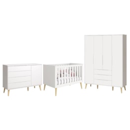 Dormitório Infantil Elfe Retrô Guarda Roupa, Cômoda 1 Porta e Berço Noah Branco com Pés Madeira Natural - Reller Móveis  Dormitório Infantil Elfe Retrô Guarda Roupa, Cômoda 1 Porta e Berço Noah Branco com Pés Madeira Natural - Reller Móveis