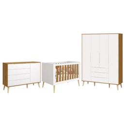 Dormitório Infantil Elfe Retrô Guarda Roupa, Cômoda 1 Porta e Berço Noah Branco/Savana com Pés Madeira Natural - Reller Móveis  Dormitório Infantil Elfe Retrô Guarda Roupa, Cômoda 1 Porta e Berço Noah Branco/Savana com Pés Madeira Natural - Reller Móveis