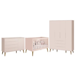 Dormitório Infantil Elfe Retrô Guarda Roupa, Cômoda 1 Porta e Berço Noah Rosa com Pés Amadeirado - Reller Móveis  Dormitório Infantil Elfe Retrô Guarda Roupa, Cômoda 1 Porta e Berço Noah Rosa com Pés Amadeirado - Reller Móveis