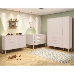 Dormitório Infantil Elfe Retrô Guarda Roupa, Cômoda 1 Porta e Berço Noah Rosa com Pés Madeira Natural - Reller Móveis  Dormitório Infantil Elfe Retrô Guarda Roupa, Cômoda 1 Porta e Berço Noah Rosa com Pés Madeira Natural - Reller Móveis