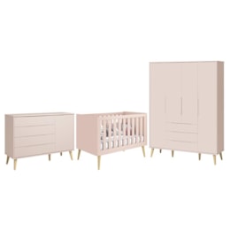 Dormitório Infantil Elfe Retrô Guarda Roupa, Cômoda 1 Porta e Berço Noah Rosa com Pés Madeira Natural - Reller Móveis  Dormitório Infantil Elfe Retrô Guarda Roupa, Cômoda 1 Porta e Berço Noah Rosa com Pés Madeira Natural - Reller Móveis