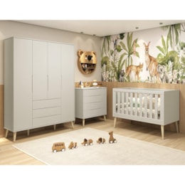 Dormitório Infantil Elfe Retrô Guarda Roupa, Cômoda, Berço Noah Areia com Pés Madeira Natural com Colchão - Reller Móveis  Dormitório Infantil Elfe Retrô Guarda Roupa, Cômoda, Berço Noah Areia com Pés Madeira Natural com Colchão - Reller Móveis