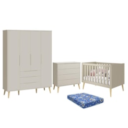 Dormitório Infantil Elfe Retrô Guarda Roupa, Cômoda, Berço Noah Areia com Pés Madeira Natural com Colchão - Reller Móveis  Dormitório Infantil Elfe Retrô Guarda Roupa, Cômoda, Berço Noah Areia com Pés Madeira Natural com Colchão - Reller Móveis