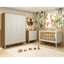 Dormitório Infantil Elfe Retrô Guarda Roupa, Cômoda, Berço Noah Areia/Savana com Pés Madeira Natural com Colchão - Reller Móveis  Dormitório Infantil Elfe Retrô Guarda Roupa, Cômoda, Berço Noah Areia/Savana com Pés Madeira Natural com Colchão - Reller Móveis