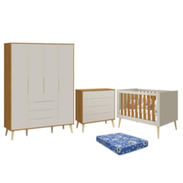 Dormitório Infantil Elfe Retrô Guarda Roupa, Cômoda, Berço Noah Areia/Savana com Pés Madeira Natural com Colchão - Reller Móveis  Dormitório Infantil Elfe Retrô Guarda Roupa, Cômoda, Berço Noah Areia/Savana com Pés Madeira Natural com Colchão - Reller Móveis