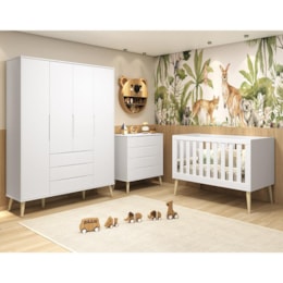 Dormitório Infantil Elfe Retrô Guarda Roupa, Cômoda, Berço Noah Branco com Pés Madeira Natural com Colchão - Reller Móveis  Dormitório Infantil Elfe Retrô Guarda Roupa, Cômoda, Berço Noah Branco com Pés Madeira Natural com Colchão - Reller Móveis