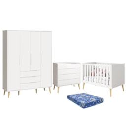 Dormitório Infantil Elfe Retrô Guarda Roupa, Cômoda, Berço Noah Branco com Pés Madeira Natural com Colchão - Reller Móveis  Dormitório Infantil Elfe Retrô Guarda Roupa, Cômoda, Berço Noah Branco com Pés Madeira Natural com Colchão - Reller Móveis