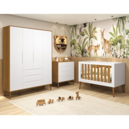 Dormitório Infantil Elfe Retrô Guarda Roupa, Cômoda, Berço Noah Branco/Savana com Pés Amadeirado com Colchão - Reller Móveis  Dormitório Infantil Elfe Retrô Guarda Roupa, Cômoda, Berço Noah Branco/Savana com Pés Amadeirado com Colchão - Reller Móveis