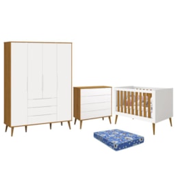 Dormitório Infantil Elfe Retrô Guarda Roupa, Cômoda, Berço Noah Branco/Savana com Pés Amadeirado com Colchão - Reller Móveis  Dormitório Infantil Elfe Retrô Guarda Roupa, Cômoda, Berço Noah Branco/Savana com Pés Amadeirado com Colchão - Reller Móveis