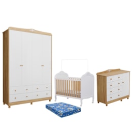 Dormitório Infantil Elô Guarda Roupa, Cômoda e Berço Branco Brilho/Amêndoa com Colchão Baby Physical - Móveis Peroba
