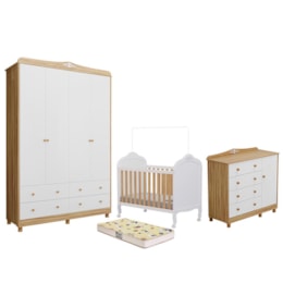 Dormitório Infantil Elô Guarda Roupa, Cômoda e Berço Branco Brilho/Amêndoa com Colchão Supreme - Móveis Peroba